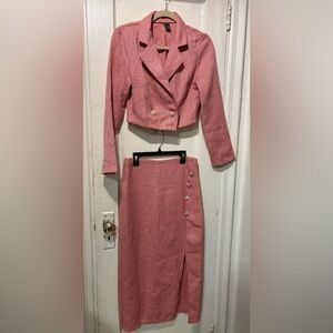 SHEIN Pink Tweed Two-Piece Pencil Skirt Set with Pearl Buttons